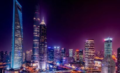 Illuminated skyline of modern skyscrapers