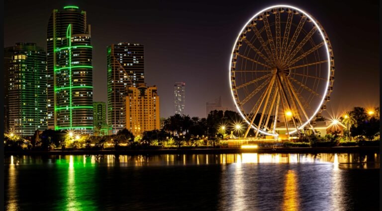 City skyline with illuminated Ferris wheel